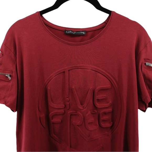 Lagos Wine Red “Live Free” Three Dimensional Artsy Grunge Tee Women’s XL - Picture 3 of 9